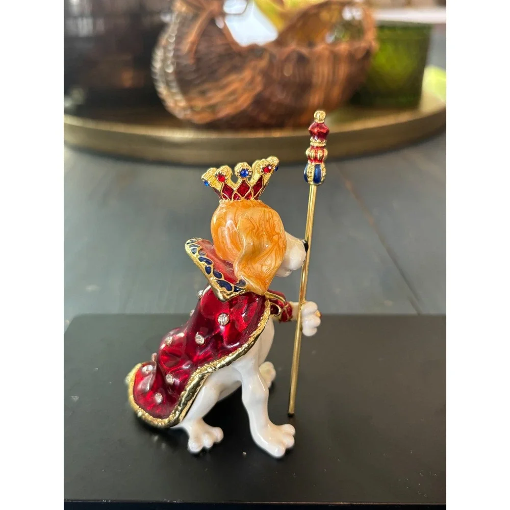 Royal Beagle Dog Enameled Jeweled Trinket Box King Hound Crown Scepter Figurine